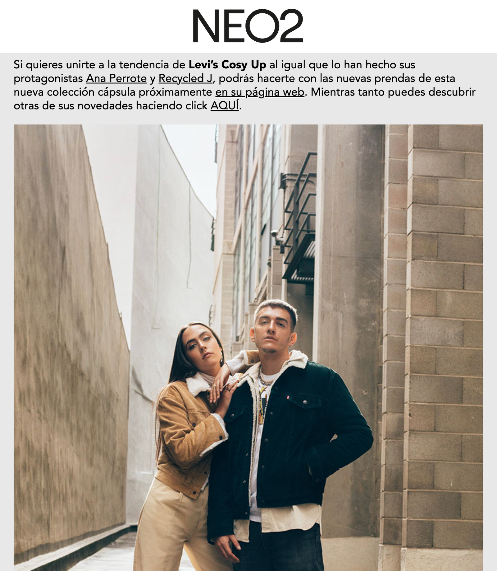 Ana Perrote and Recycled J posing in neutral Levi’s looks for NEO2 editorial styled by Júlia Puñet
