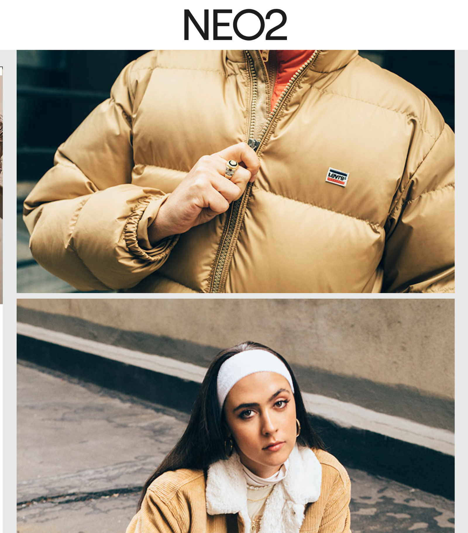 Close-up Levi’s puffer jacket detail and portrait of Ana Perrote for NEO2 editorial styled by Júlia Puñet