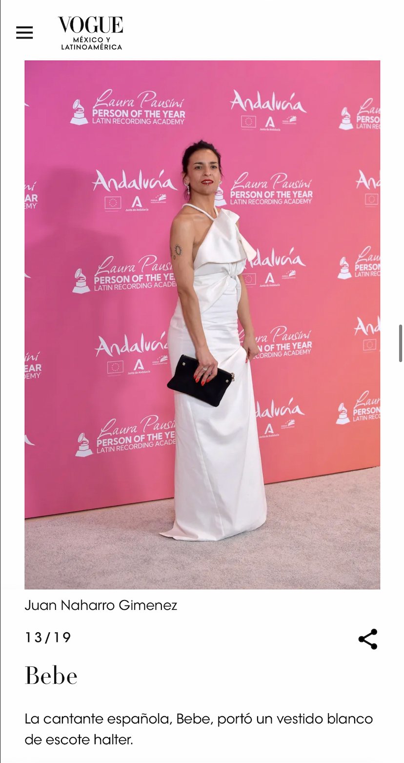 Bebe attending Latin Grammy Week in Seville wearing a white asymmetrical gown styled by Júlia Puñet
