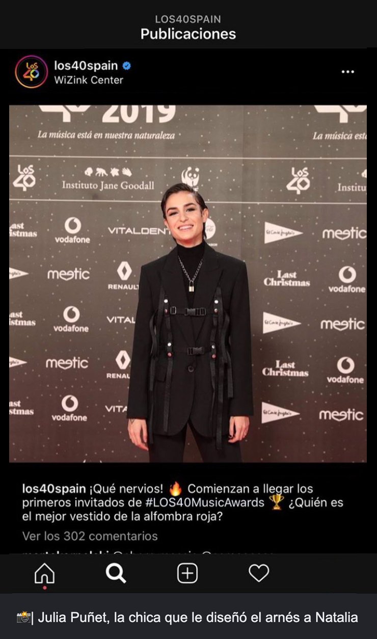 Press and social media coverage featuring Natalia Lacunza wearing a custom look by Júlia Puñet at LOS40 Music Awards.