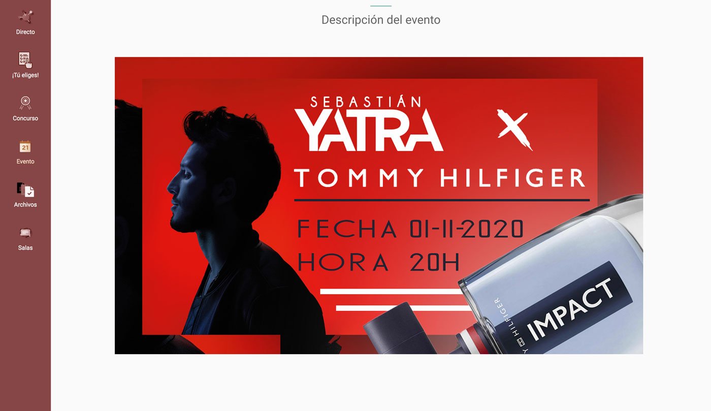 Virtual event interface designed for Tommy Hilfiger Impact online experience with Sebastián Yatra.